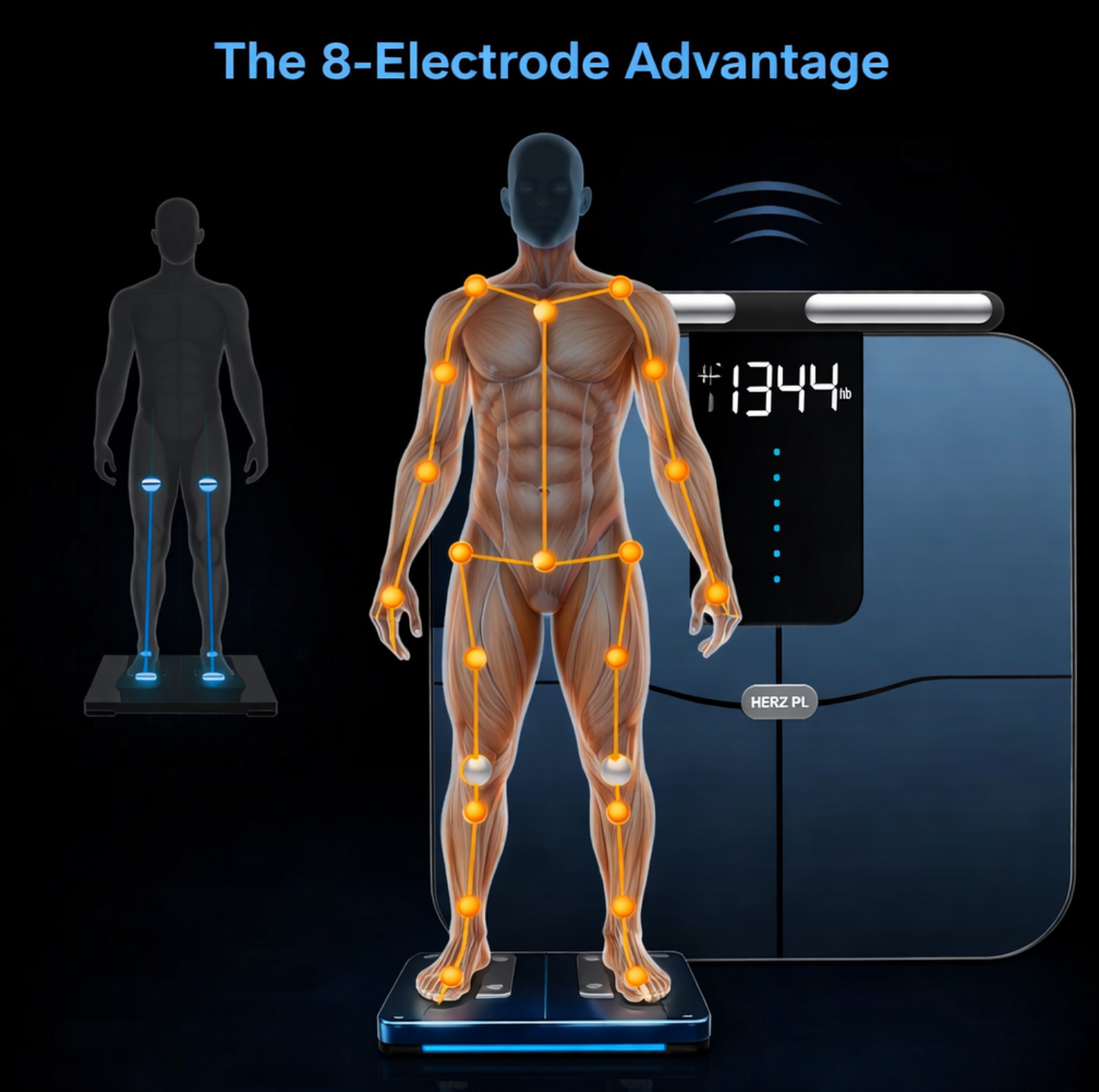 8-electrode bioelectrical impedance analysis diagram showing full body coverage